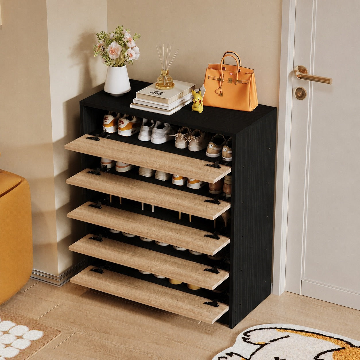 Szafka na buty jasny brąz do przedpokoju nowoczesny 5 półek uchylna loft