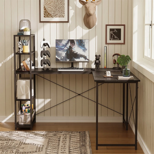 Biurko komputerowe narożne półki regałem czarne industrialne szkolne loft