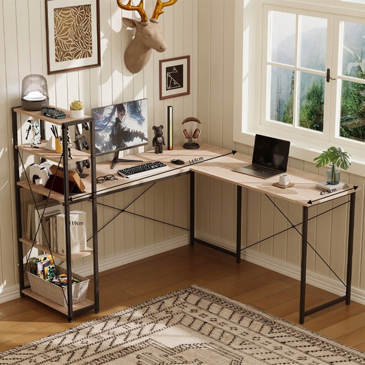 Biurko komputerowe narożne regałem jasny brąz industrialne szkolne loft