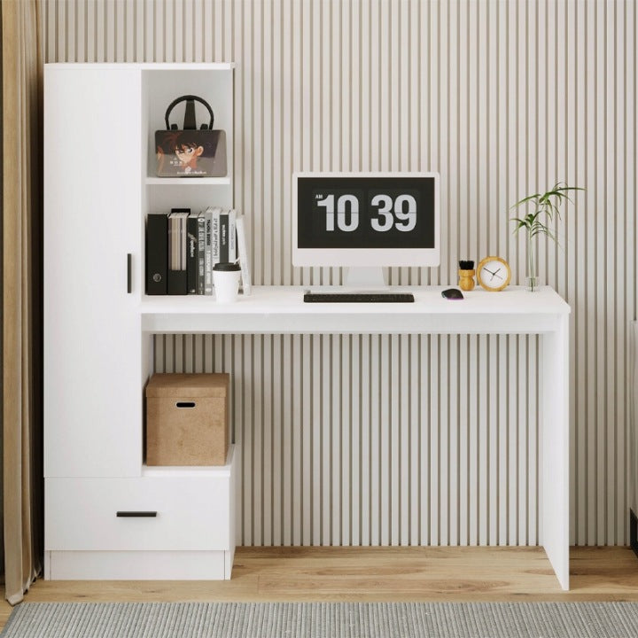 Biurko Komputerowe z Regałem 142cm Białe – Styl Loft do Biura