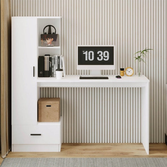 Biurko Komputerowe z Regałem 142cm Białe – Styl Loft do Biura