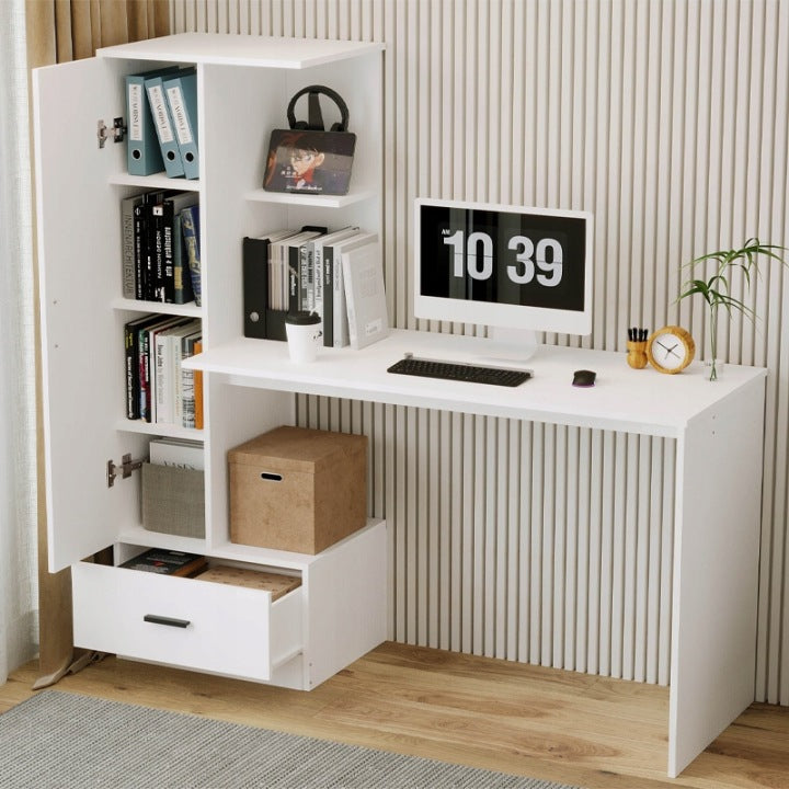 Biurko Komputerowe z Regałem 142cm Białe – Styl Loft do Biura