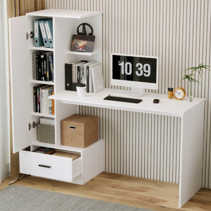 Biurko Komputerowe z Regałem 142cm Białe – Styl Loft do Biura