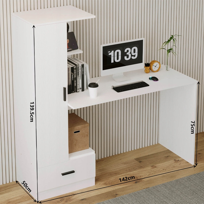 Biurko Komputerowe z Regałem 142cm Białe – Styl Loft do Biura
