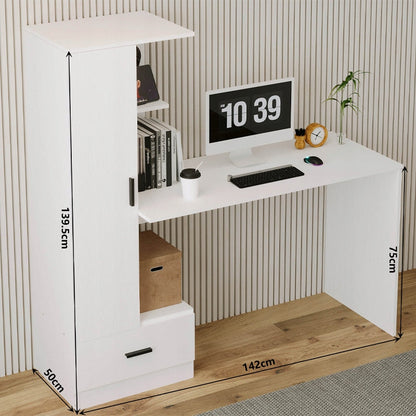 Biurko Komputerowe z Regałem 142cm Białe – Styl Loft do Biura