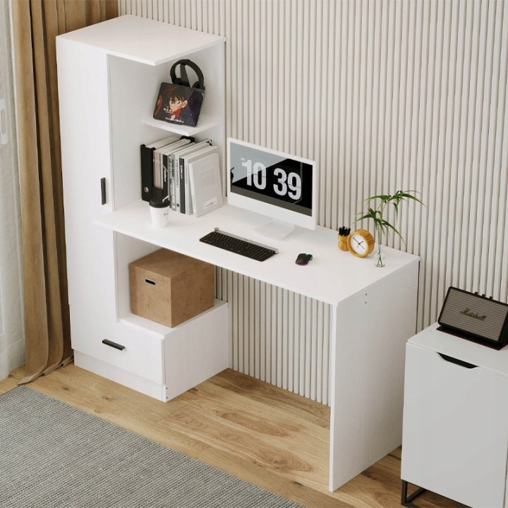 Biurko Komputerowe z Regałem 142cm Białe – Styl Loft do Biura