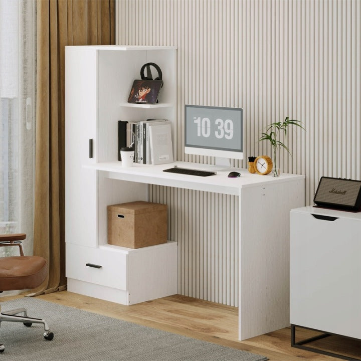 Biurko Komputerowe z Regałem 142cm Białe – Styl Loft do Biura