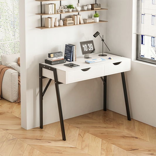 Białe biurko nowoczesne 80x40x90 cm – matowe, z szufladami, czarne metalowe nogi