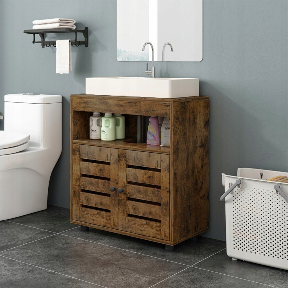 Brązowa szafka łazienkowa 60 cm – rustykalna, z drzwiami i półkami