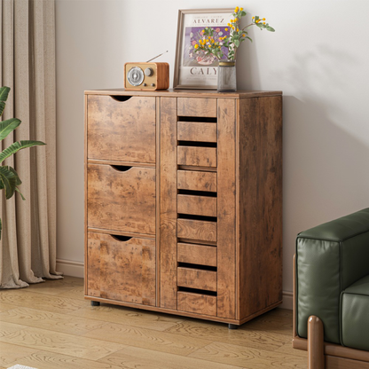 Rustykalna komoda 60x30x80 cm – 3 szuflady i schowek z drzwiami z lamelami