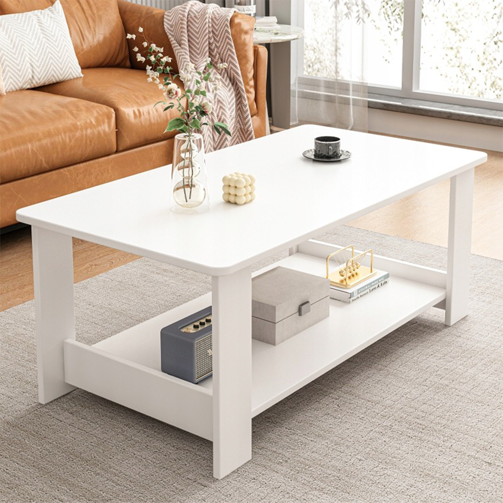 Biały stolik kawowy 100x50x42 cm – z półką, nowoczesny i funkcjonalny design