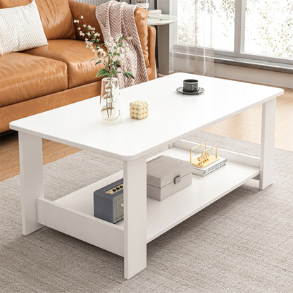 Biały stolik kawowy 100x50x42 cm – z półką, nowoczesny i funkcjonalny design
