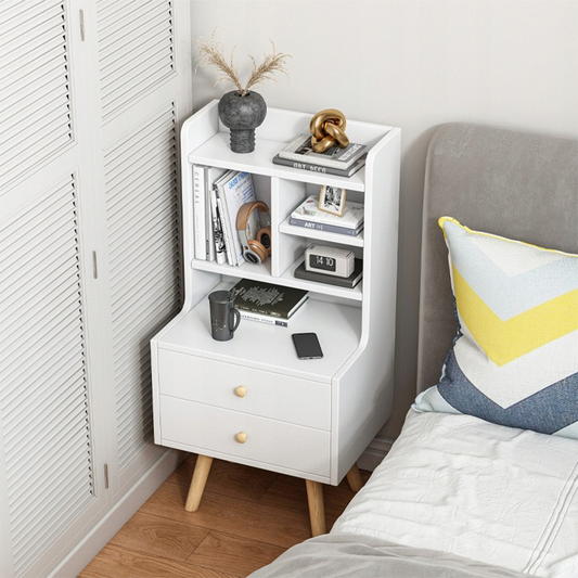 Biała szafka nocna 36x43x90 cm – 2 szuflady i otwarte półki, styl skandynawski