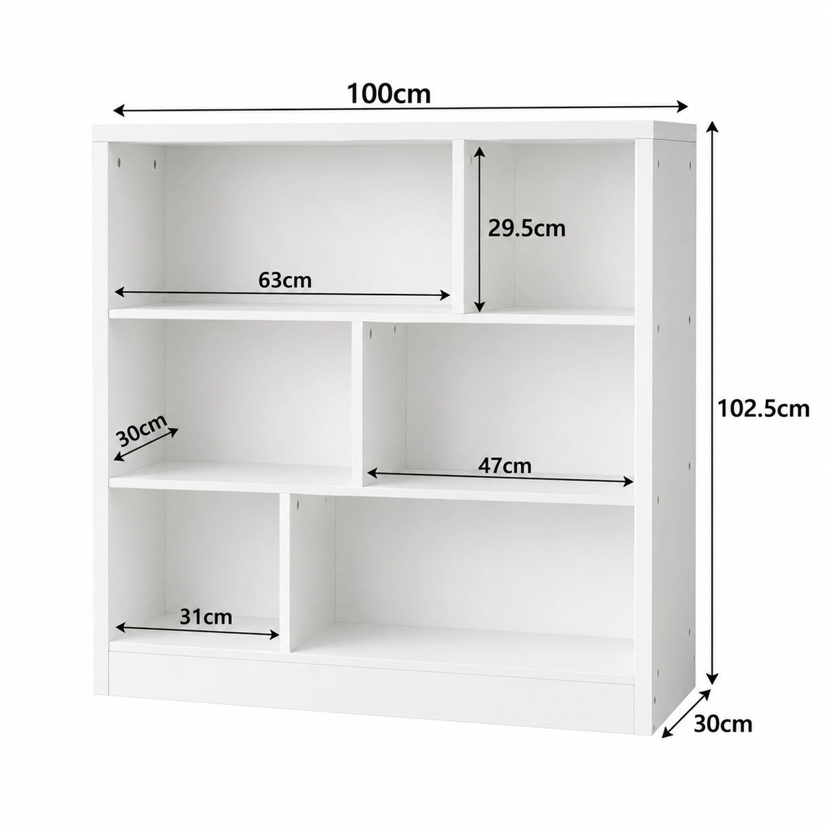 Regał Biały Asymetryczny 100 x 102,5 x 30 cm – 6 Półek na Książki i Dekoracje