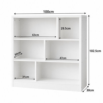 Regał Biały Asymetryczny 100 x 102,5 x 30 cm – 6 Półek na Książki i Dekoracje