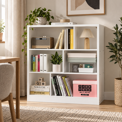Regał Biały Asymetryczny 100 x 102,5 x 30 cm – 6 Półek na Książki i Dekoracje
