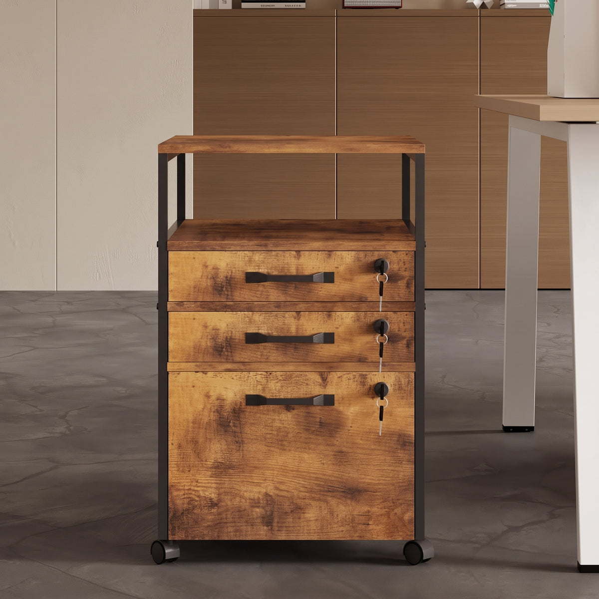 Mobilny Kontener Biurowy Loft 42 cm Dąb Rustykalny 2 Szuflady na Klucz na Kółkach