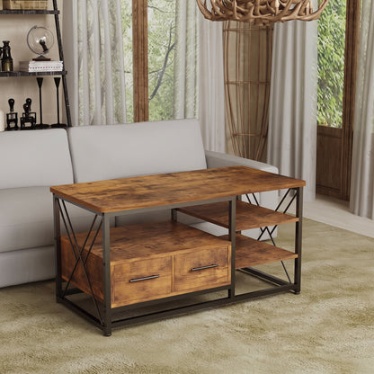 Stolik Kawowy Loft 100x55x47 cm z 2 Szufladami i Półkami Rustykalny Brąz Czarny
