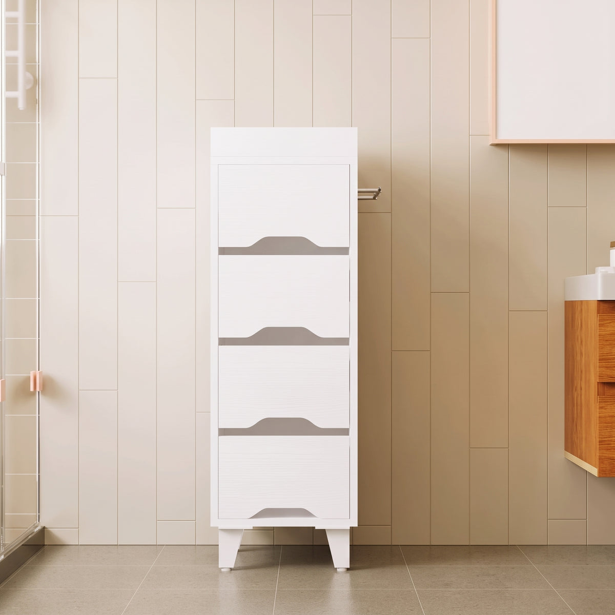 Szafka Łazienkowa Biała 30x30x90 cm 4 Szuflady Organizer Wieszak na Ręcznik