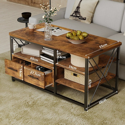 Stolik Kawowy Loft 100x55x47 cm z 2 Szufladami i Półkami Rustykalny Brąz Czarny