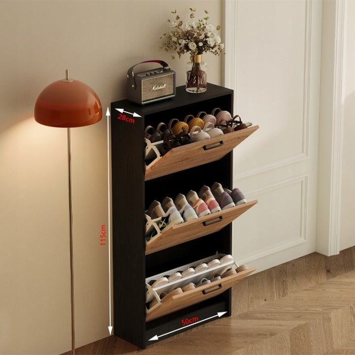 Szafka na buty jasny brąz do przedpokoju nowoczesna 3 półki uchylna stojąca