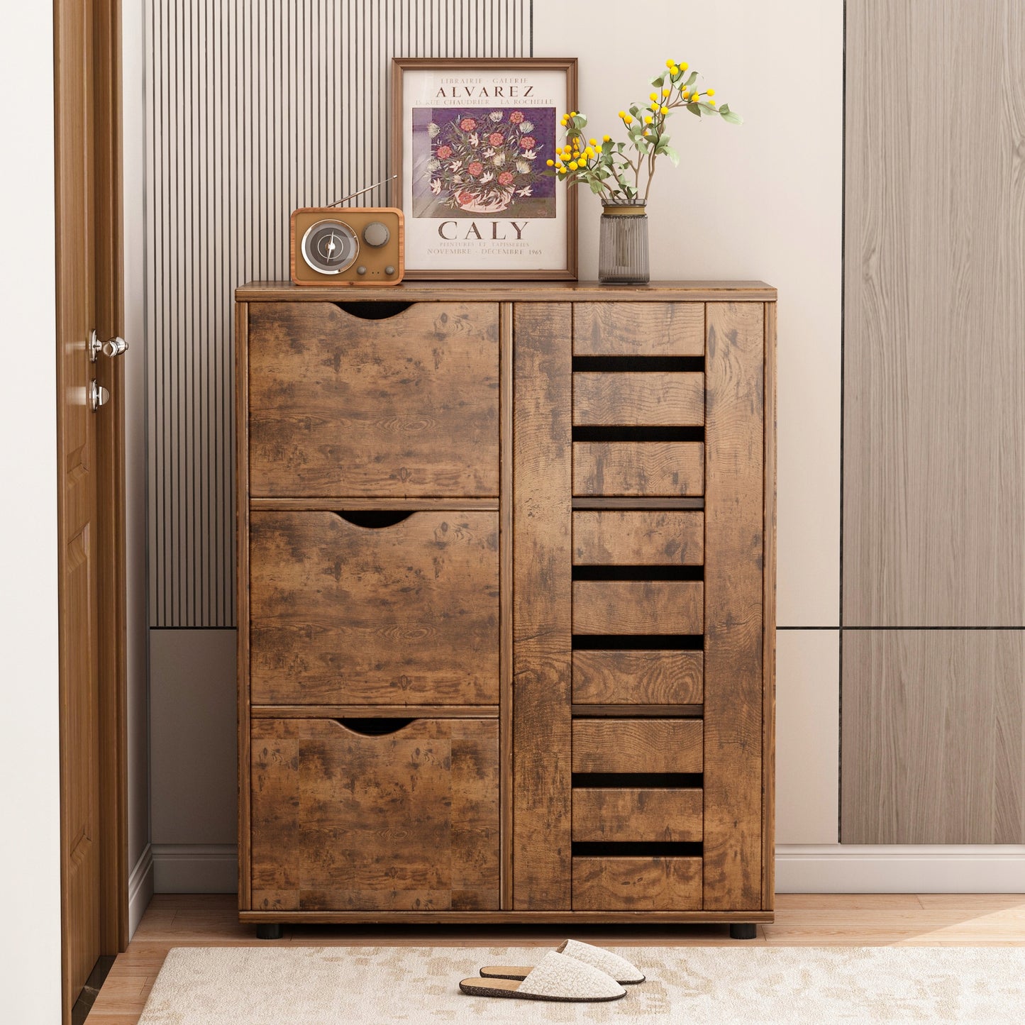 Komoda do salonu ciemny brąz szafka pojemna drewniana półki loft 3 szuflady