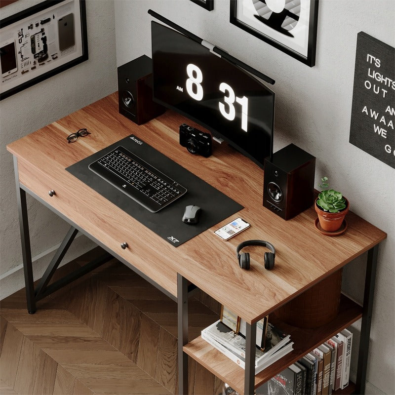 Biurko komputerowe loft industrialne jasny brąz z szufladą półkami 120cm