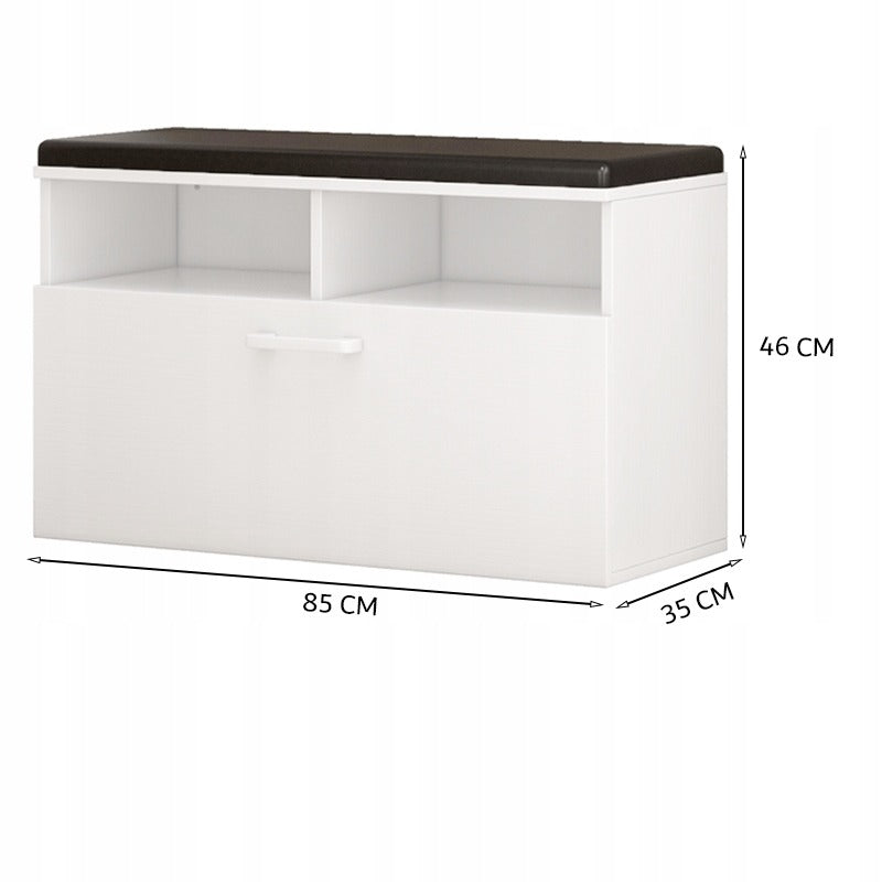 Biała szafka na buty z siedziskiem i schowkiem – elegancka i funkcjonalna