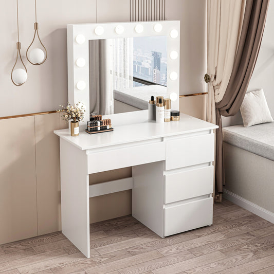 Nowoczesna biała toaletka z oświetleniem LED – 90x140x40 cm, elegancki styl do sypialni lub salonu