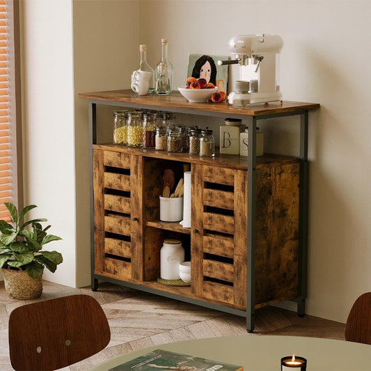 Kredens szafka boczna z otwartymi półkami komoda brązowa kuchnia retro loft