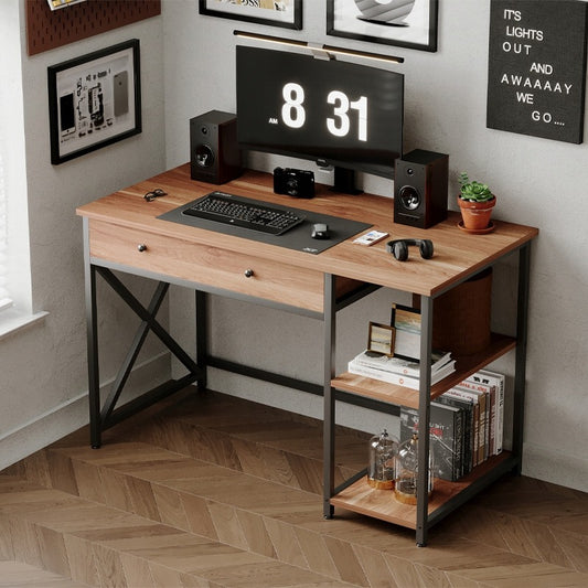 Biurko komputerowe loft industrialne jasny brąz z szufladą półkami 120cm