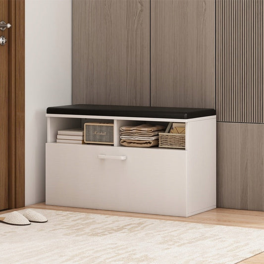 Biała szafka na buty z siedziskiem i schowkiem – elegancka i funkcjonalna