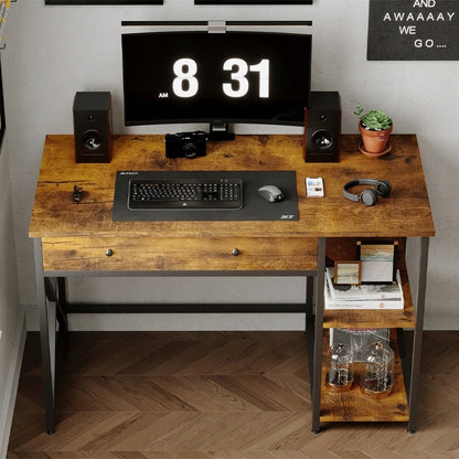 Biurko komputerowe loft / industrial – rustykalny brąz z szufladą I półkami