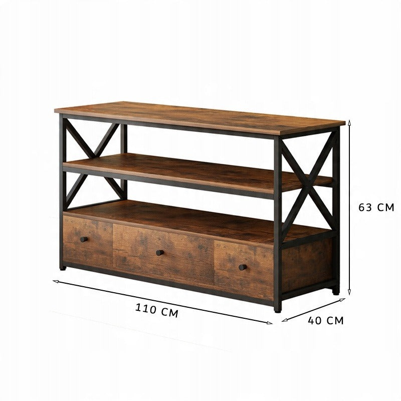 Szafka telewizyjna loft 110 cm – do salonu, z półkami i szufladami
