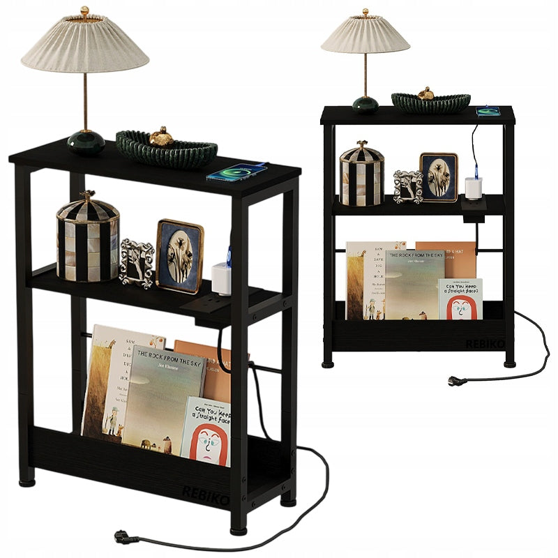 Szafka nocna stolik nocny do sypialni loft czarny z listwą zasilającą 45 cm